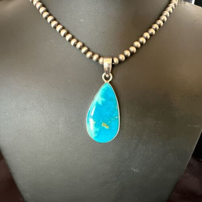 Navajo Blue Kingman Turquoise Pendant Necklace | Sterling Silver | 20" | Authentic Native American Handmade | 17000