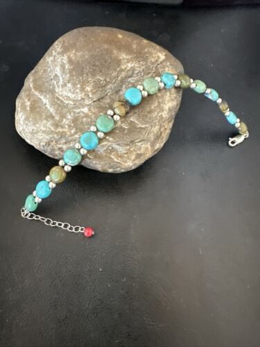 Women's Blue Turquoise Bead Bracelet | Southwestern Sterling Silver Link | 8" | 17237