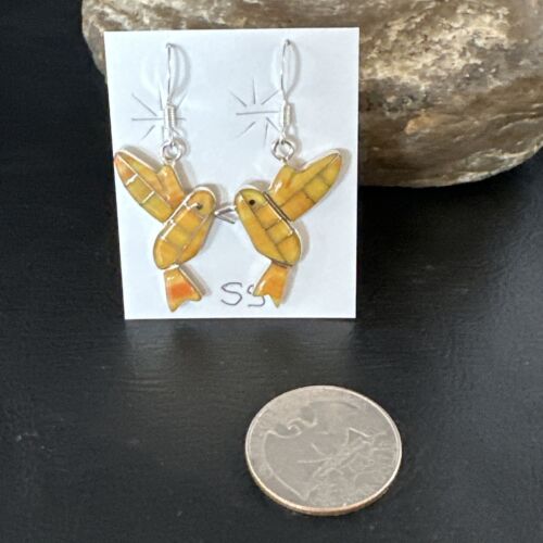 Navajo Orange Spiny Oyster Hummingbird Dangle Earrings | Sterling Silver | Authentic Native American Handmade | 15089