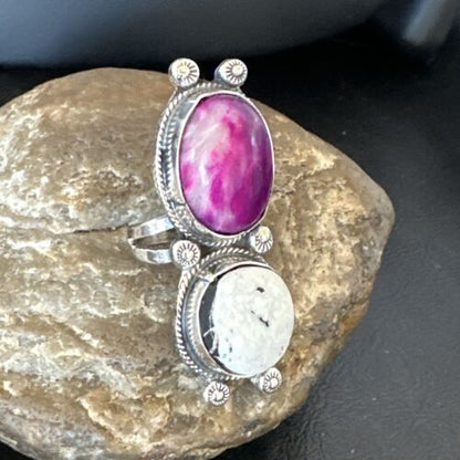 Navajo White Buffalo Turquoise Sugilite Ring | Authentic Native American Sterling Silver | Multi-Stone | Sz 7 | 16719 - Masha USA