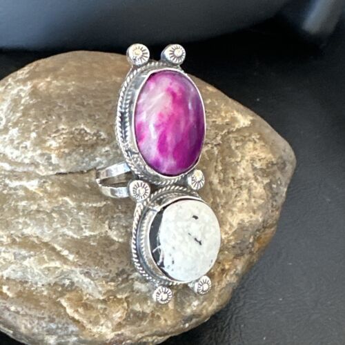 Navajo White Buffalo Turquoise Sugilite Ring | Authentic Native American Sterling Silver | Multi-Stone | Sz 7 | 16719