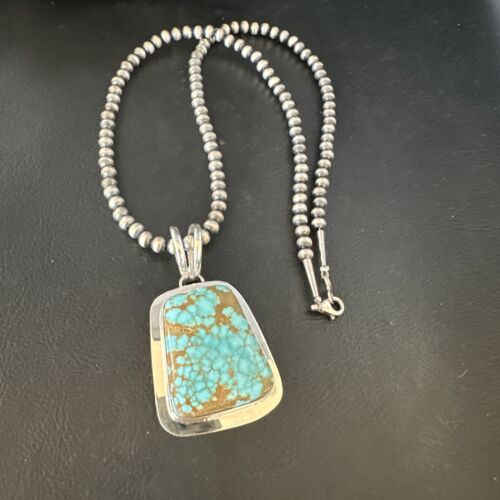 Men's Blue #8 Turquoise Pendant Necklace | Navajo Sterling Silver | Authentic Native American Handmade | 14973