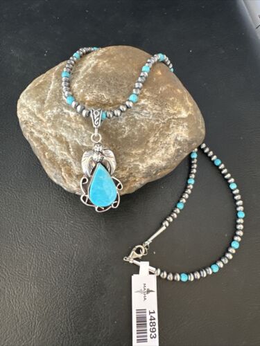 Navajo Pearls Kingman Turquoise Pendant Necklace | Sterling Silver | Authentic Native American Handmade | 14893