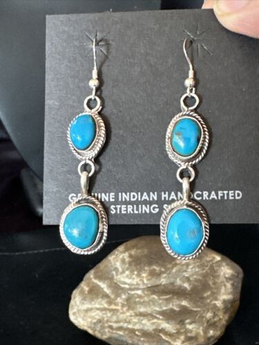 Kingman Turquoise Dangle Earrings | Navajo Handmade | Sterling Silver | Authentic Native American | 14864