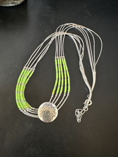 Navajo Green Gaspeite Heishi Concha Necklace | 5 Strand Liquid Sterling Silver | 20" | 15872