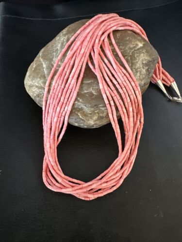 Pink Conch Tube Heishi Bead Necklace | 10 Strand Navajo Sterling Silver | 19" | 15086