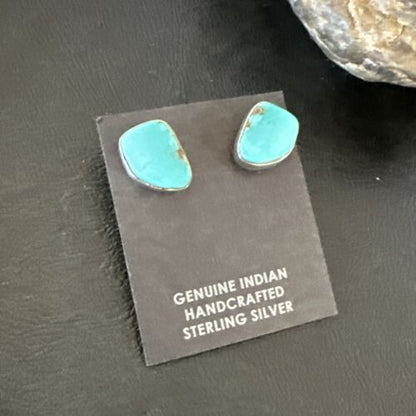 Navajo Blue Kingman Turquoise Post Stud Earrings | Sterling Silver | Authentic Native American Handmade | 17468