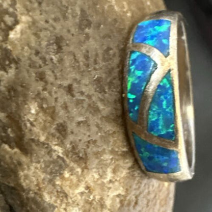 Navajo Blue Opal Inlay Ring | Sterling Silver | Sz 8 | Authentic Native American Handmade | 17155