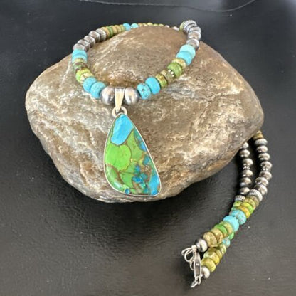 Navajo Blue Green Mojave Turquoise Pendant | Sterling Silver Pearl Necklace | Authentic Native American Handmade | 16921