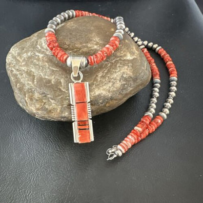 Navajo Pearls Sterling Silver Necklace with Lapis and Red Spiny Oyster Inlay Pendant | 17119