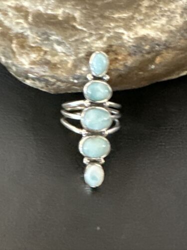 Navajo Blue Larimar Cluster Ring | Authentic Native American Sterling Silver | Multi-Stone | Sz 7.5 | 15978