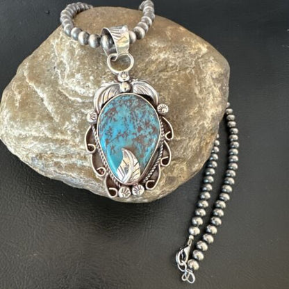 Navajo Blue Turquoise Pendant Necklace | Sterling Silver Pearls | Authentic Native American Handmade | 15643