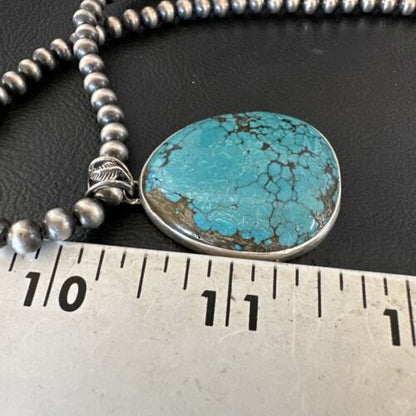 Men's Navajo Blue Spiderweb Turquoise Pendant Necklace | Sterling Silver | Authentic Native American Handmade | 16228