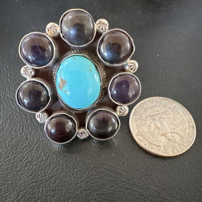 Navajo Blue Kingman Turquoise and Sugilite Cluster Ring | Authentic Native American Sterling Silver | Multi-Stone | Sz 7 | 16773