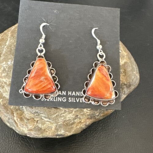 Navajo Orange Spiny Oyster Dangle Earrings | Sterling Silver | Authentic Native American Handmade | 17265