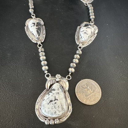 Navajo White Buffalo Turquoise Pendant Necklace | Sterling Silver | Authentic Native American Handmade | 15249