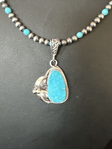Navajo Pearls Kingman Turquoise Pendant Necklace | Sterling Silver | Authentic Native American Handmade | 14889