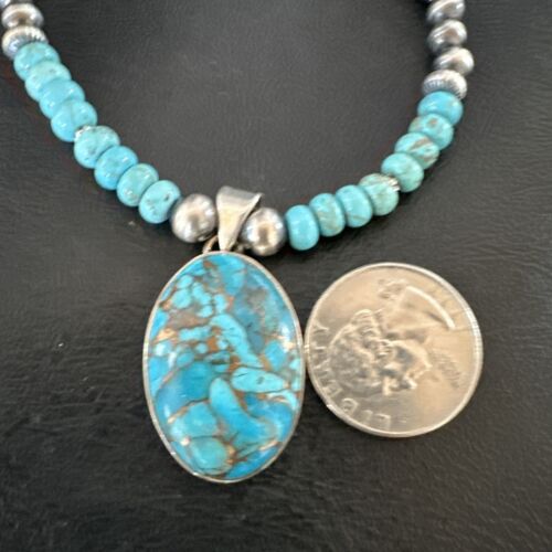 Navajo Blue Mojave Turquoise Pendant | Sterling Silver Pearl Necklace | Authentic Native American Handmade | 17079