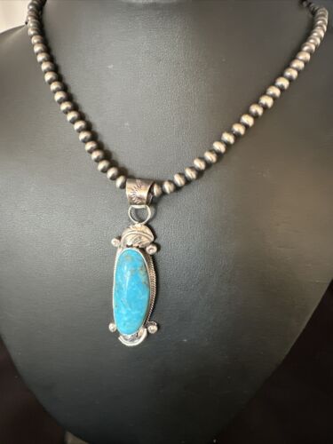 Navajo Kingman Turquoise Pendant Necklace | Sterling Silver Pearls | Authentic Native American Handmade | 15212 - Masha USA