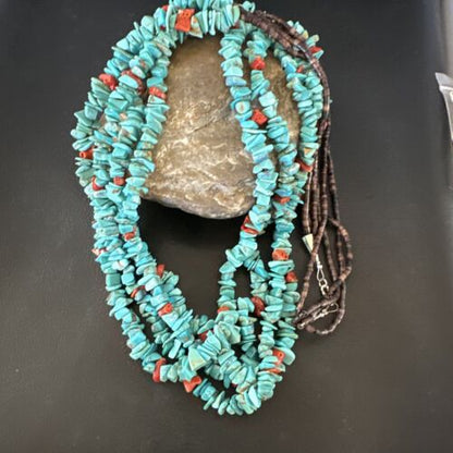 Navajo Blue Turquoise & Spiny Shell Heishi Necklace | Sterling Silver | 30" | Authentic Native American Handmade | 16072