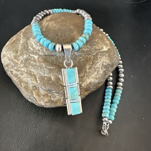 Turquoise #8 Inlay Pendant Necklace | Navajo Sterling Silver | Authentic Native American Handmade | 17073