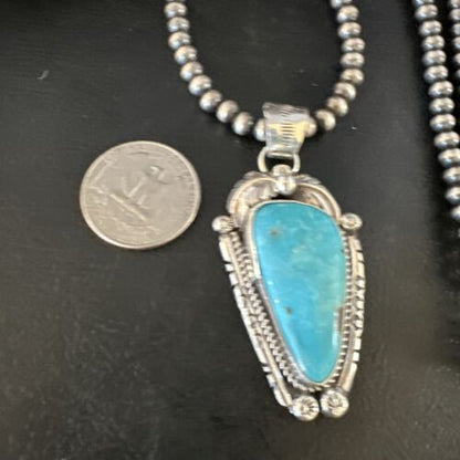 Navajo Kingman Turquoise Pendant Necklace | Sterling Silver | Native American Handmade | 15216 - Masha USA