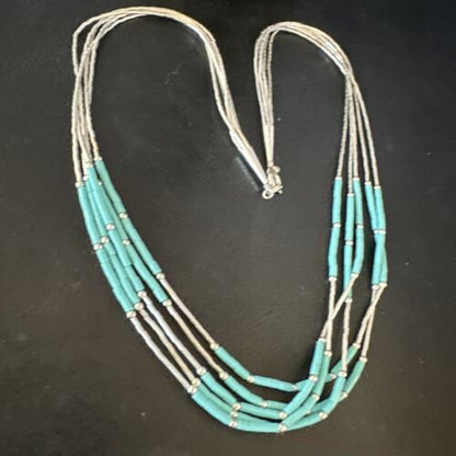 Turquoise 5-Strand Heishi Necklace | Liquid Sterling Silver | Authentic Native American Handmade | 15046