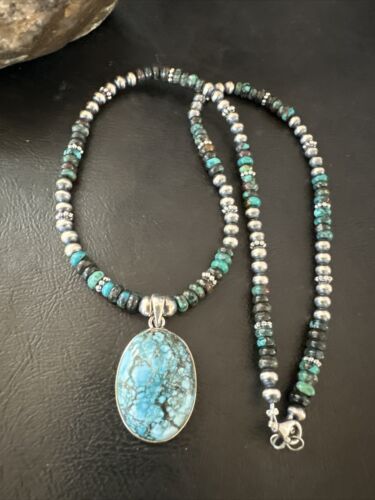 Men's Spiderweb Turquoise Pendant | Navajo Pearls Sterling Silver Necklace | Authentic Native American Handmade | 17301