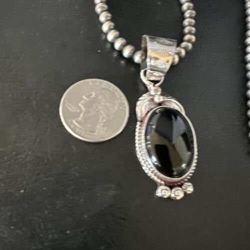 Men's Navajo Pearls Necklace with Black Onyx Pendant | Sterling Silver | Authentic Native American Handmade | 15367