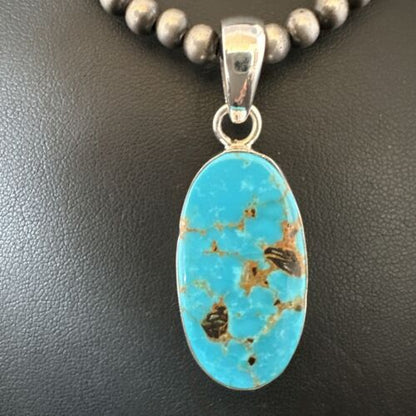 Navajo Blue Kingman Turquoise Pendant with Pearls | Sterling Silver Necklace | 20" | 16994
