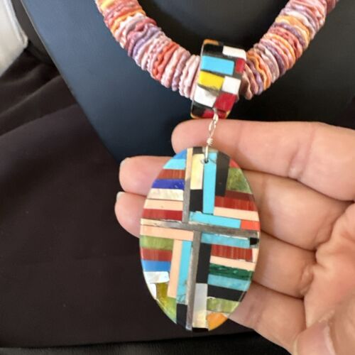 Santo Domingo Multi-Color Spiny Inlay Pendant Necklace | Sterling Silver | 32" | 16854