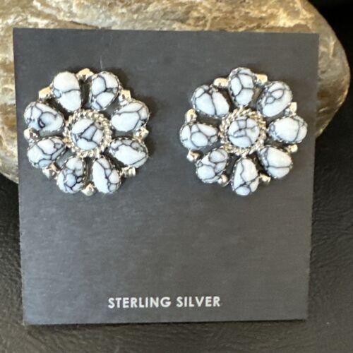 Women's Cluster White Buffalo Turquoise Earrings | Navajo Sterling Silver | Authentic Native American Handmade | 16343