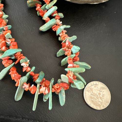 Navajo Green Turquoise Coral Stick Bead Necklace | Sterling Silver | 22" | Authentic Native American Handmade | 17255