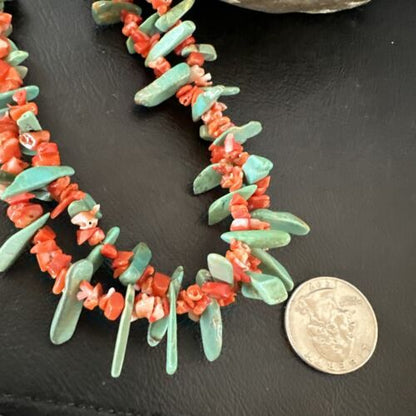 Navajo Green Turquoise Coral Stick Bead Necklace | Sterling Silver | 22" | Authentic Native American Handmade | 17255
