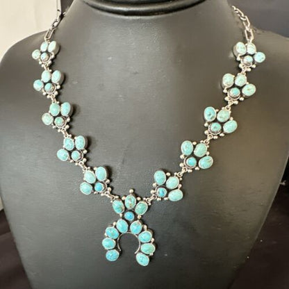 Navajo Blue Kingman Turquoise Squash Blossom Necklace | Sterling Silver | Authentic Native American Handmade | 16829