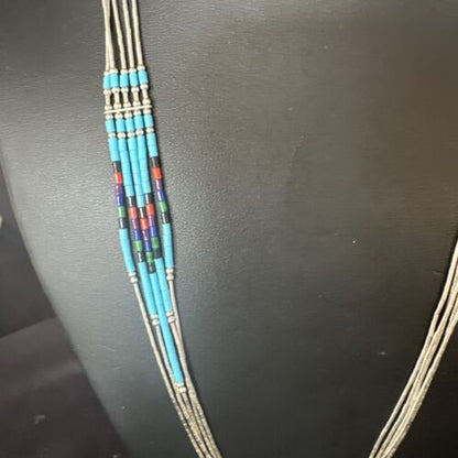 Multi-Color Liquid Silver Heishi Necklace | 5-Strand Sterling Tubes | 25" | 15137