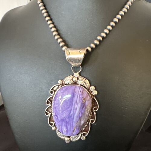 Navajo Purple Charoite Pendant with Pearls | Sterling Silver Necklace | Authentic Native American Handmade | 16654