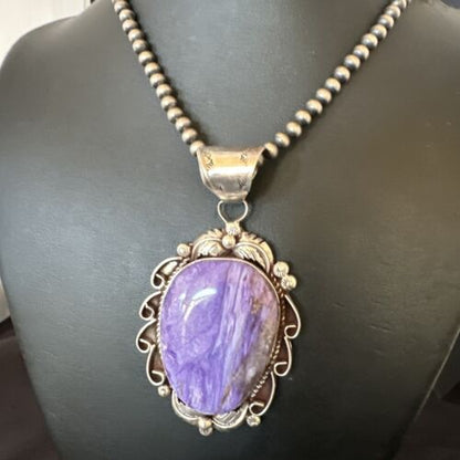 Navajo Purple Charoite Pendant with Pearls | Sterling Silver Necklace | Authentic Native American Handmade | 16654