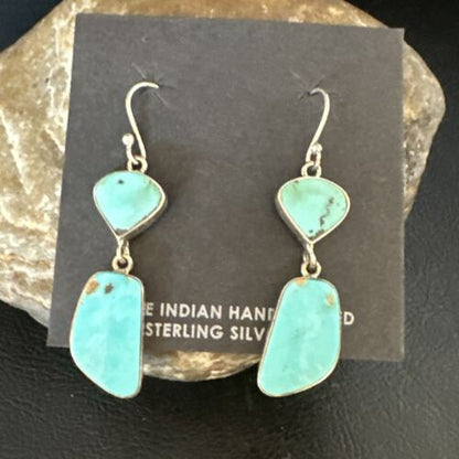 Navajo Blue Kingman Turquoise Dangle Earrings | Sterling Silver | Authentic Native American Handmade | 15118