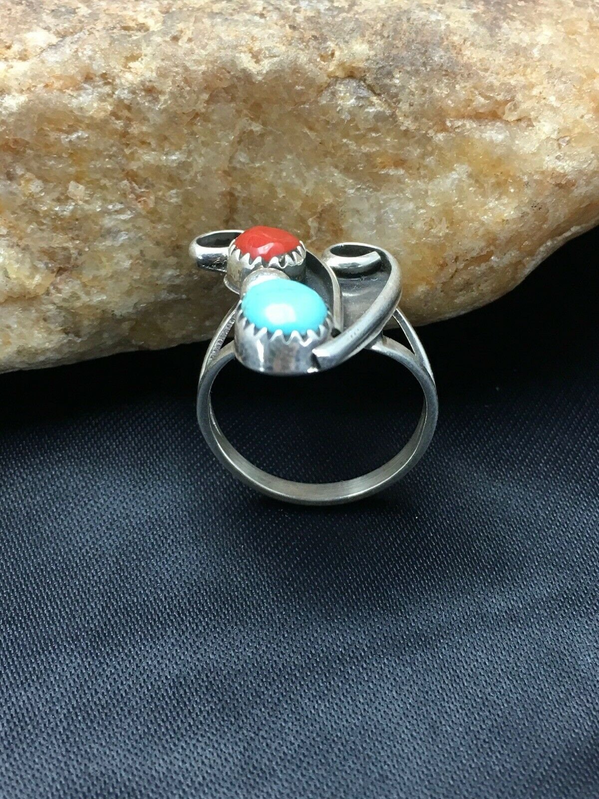 Navajo Blue Turquoise Coral Ring | Authentic Native American Sterling Silver | Multi-Stone | Sz 7 | 2807