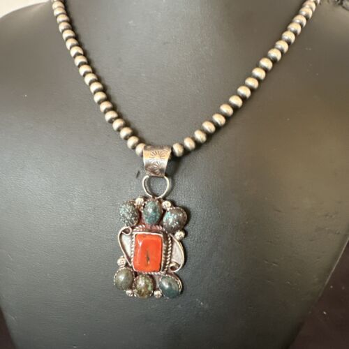 Navajo Turquoise Coral Cluster Pendant Necklace | Sterling Silver | Authentic Native American Handmade | 17186