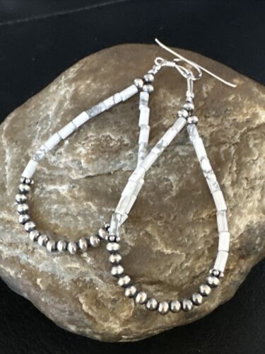 Navajo White Howlite Heishi Dangle Earrings | Sterling Silver | 2" | Authentic Native American Handmade | 15348