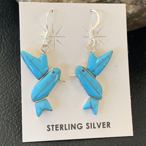 Navajo Blue Turquoise Hummingbird Earrings | Sterling Silver | 1" | Authentic Native American Handmade | 01424