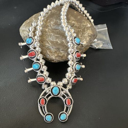 Navajo Shadowbox Coral Kingman Turquoise Squash Blossom Necklace | Sterling Silver | 17" | 16113