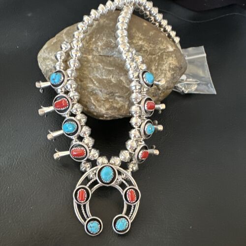 Navajo Shadowbox Coral Kingman Turquoise Squash Blossom Necklace | Sterling Silver | 17" | 16112