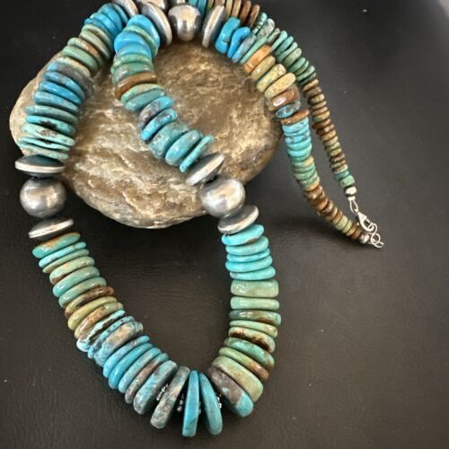 Blue-Green Turquoise Necklace | Navajo Sterling Silver | Authentic Native American Handmade | 21" | 16960