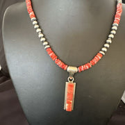 Navajo Red Spiny Oyster Pendant Necklace | Sterling Silver Inlay | Authentic Native American Handmade | 16883