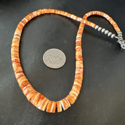 Navajo Graduated Orange Spiny Oyster Necklace | Sterling Silver | Authentic Native American | 18" | 16264