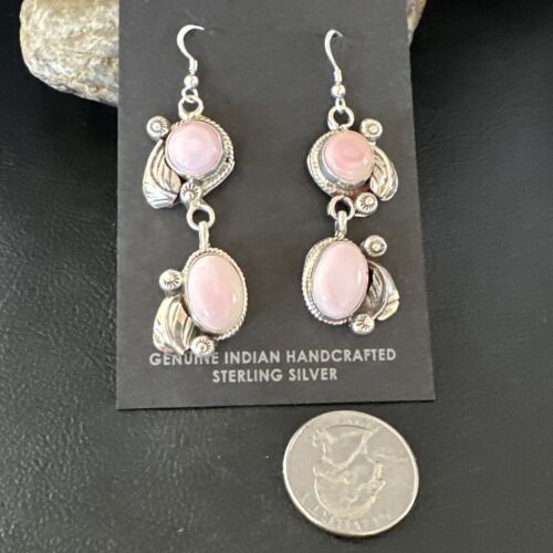 Navajo Pink Conch Shell Cluster Earrings | Sterling Silver | Authentic Native American Handmade | 15688