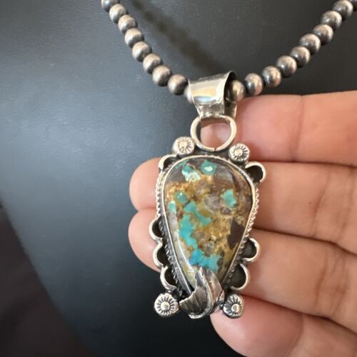 Navajo Blue Turquoise Pendant Necklace | Sterling Silver Pearls | Authentic Native American Handmade | 15657